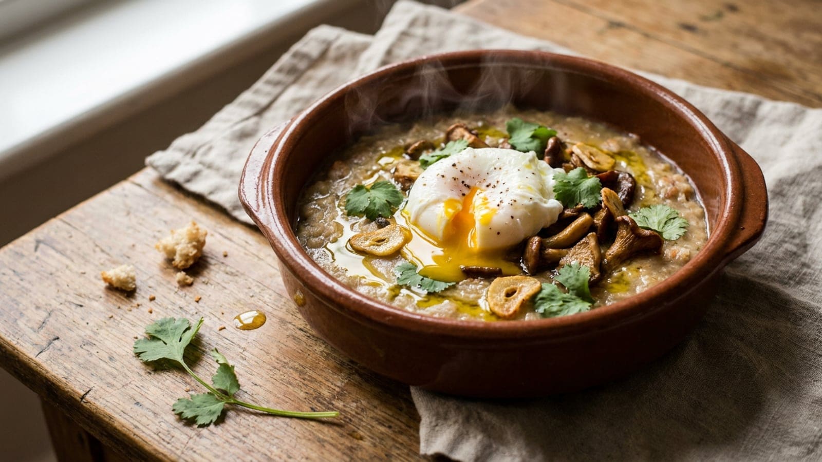 Açorda Cremosa de Cogumelos com Ovo Escalfado: A Versão Vegetariana de Restaurante