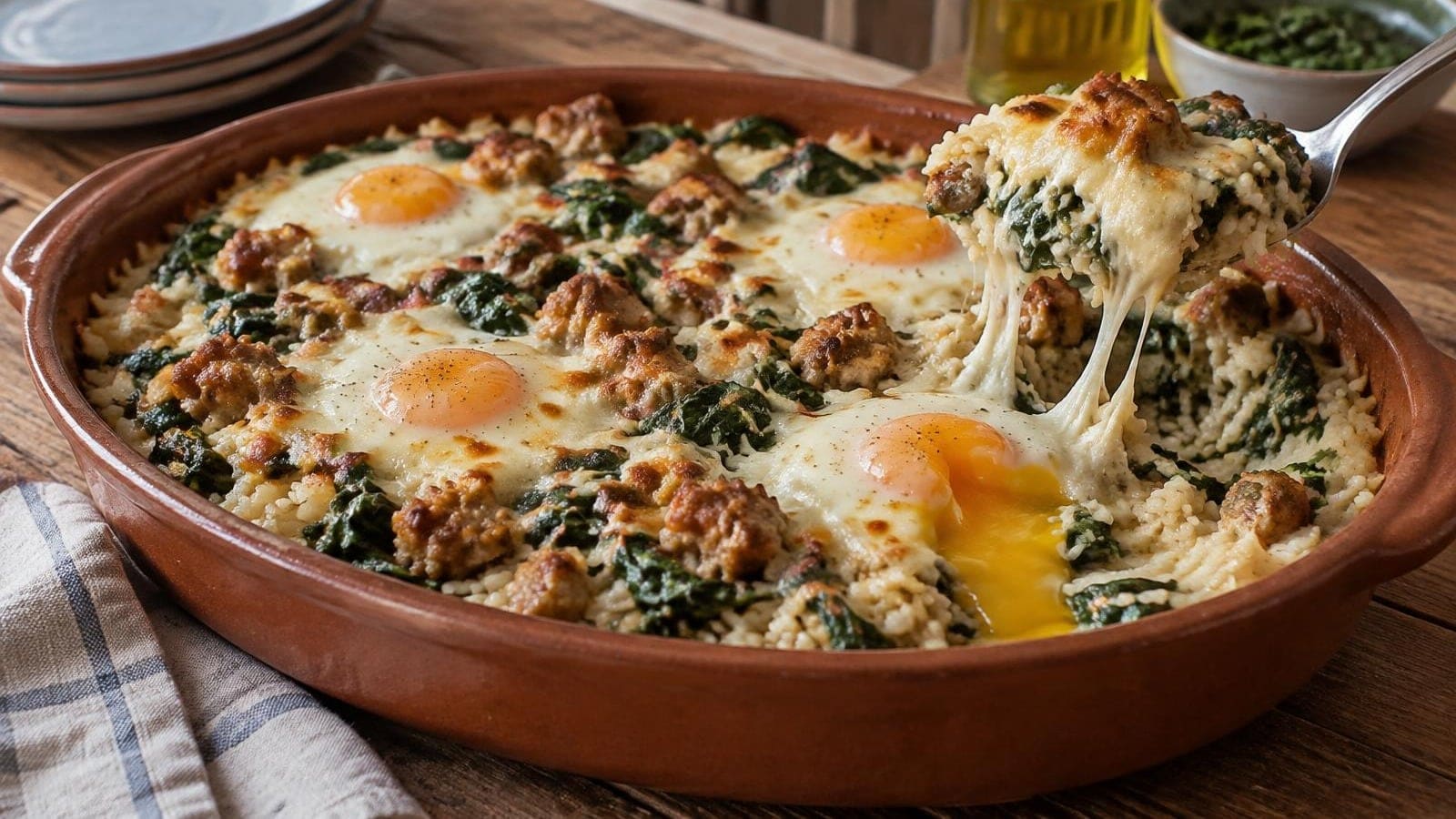 Arroz de Forno com Alheira, Espinafres e Ovo Cremoso