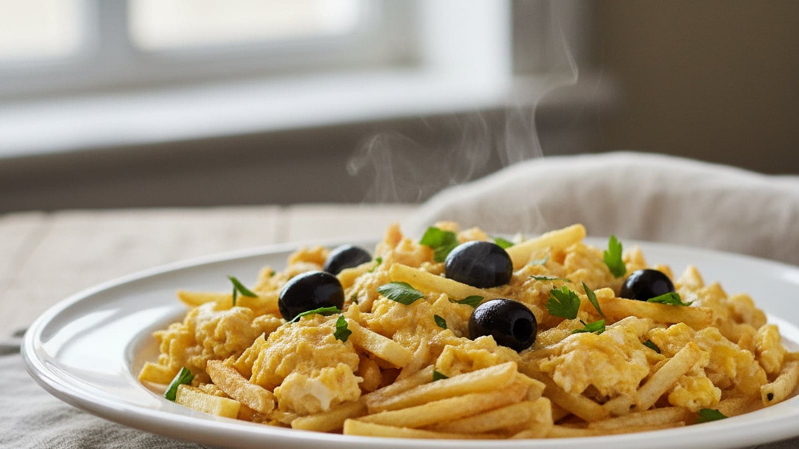Bacalhau à Brás Cremoso com Batata Palha e Azeitonas