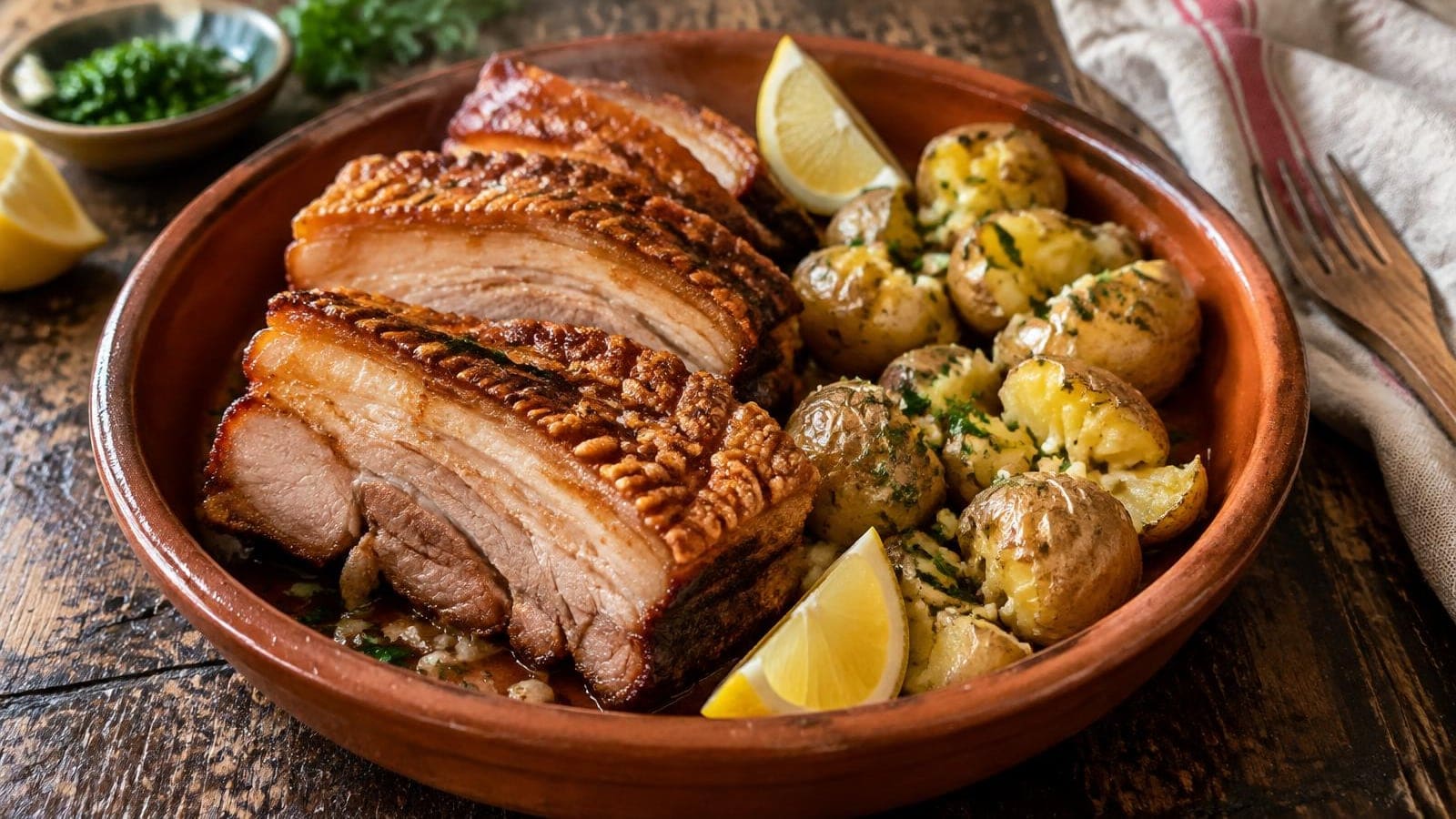 Barriga de Porco Assada com Crosta Crocante e Batata a Murro