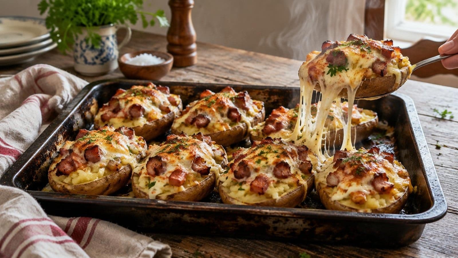 Batatas Recheadas com Entremeada Estaladiça e Queijo Gratinado