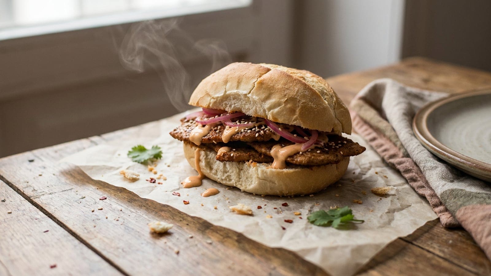 Bifana Coreana: A Bifana Portuguesa com Maionese de Sriracha e Pickles de Cebola Roxa