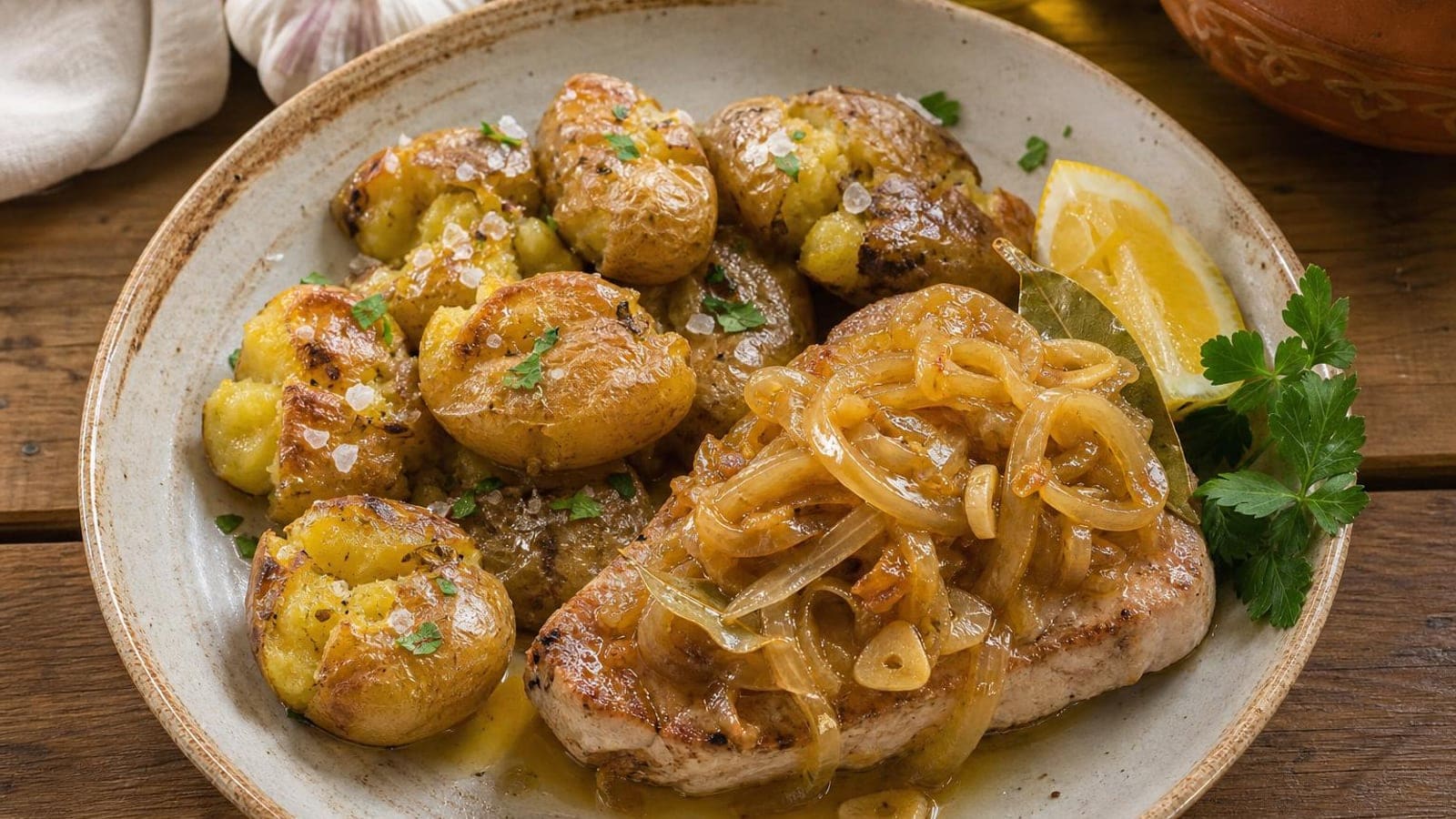 Bife de Atum à Cebolada Açoriana com Batata a Murro Corada