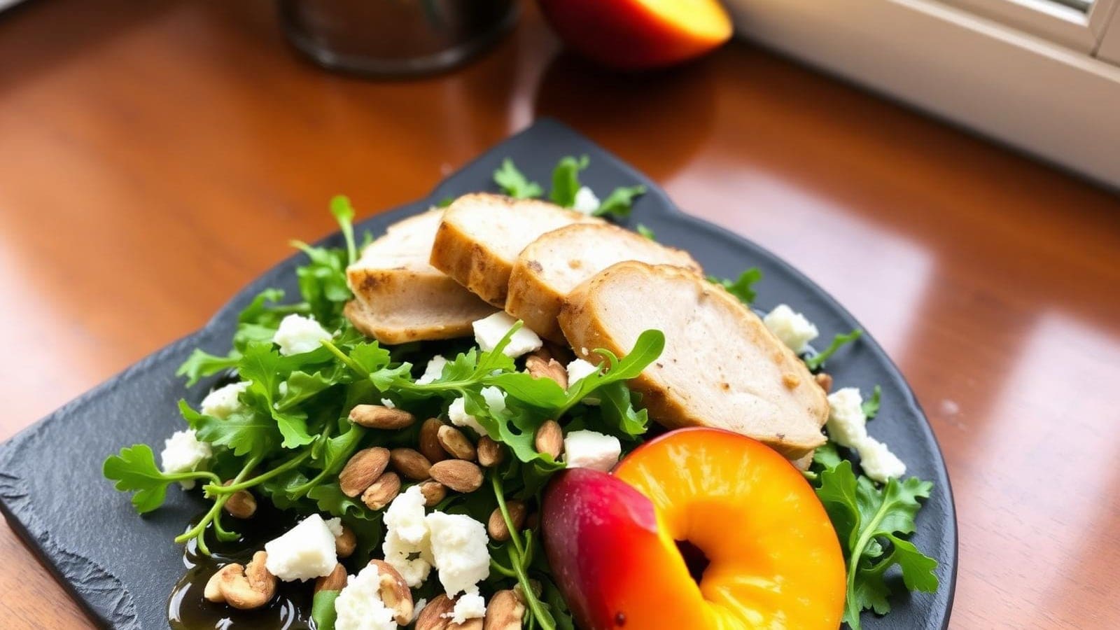 Bifes de Peru Grelhados com Salada de Pêssego, Rúcula, Feta e Amêndoas Tostadas