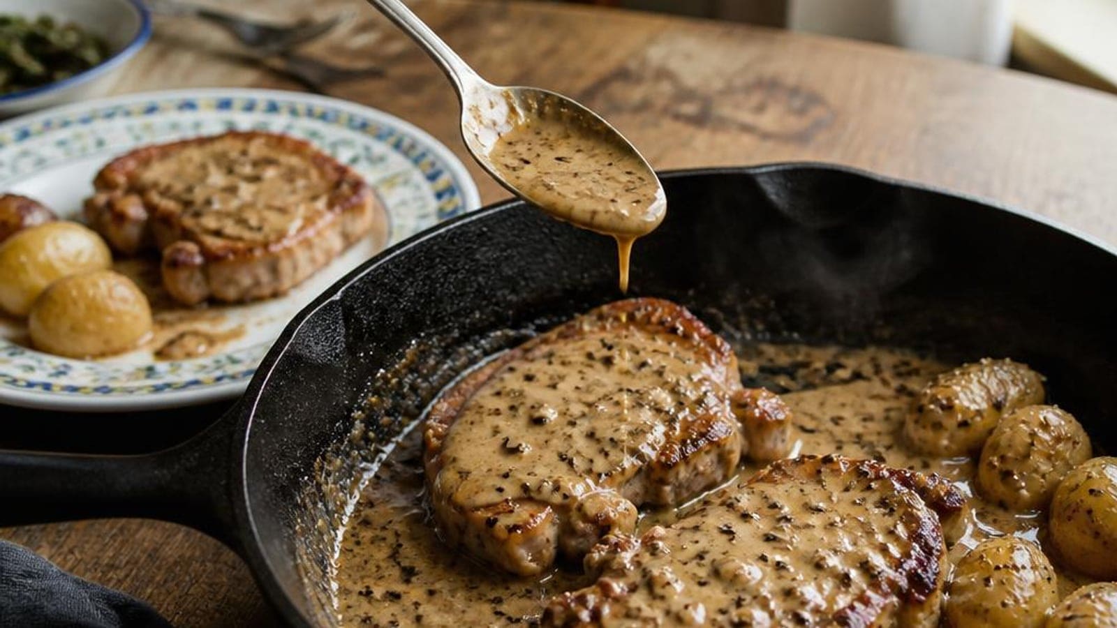 Bifes de Porco em Molho de Pimenta Preta e Natas com Batata Nova