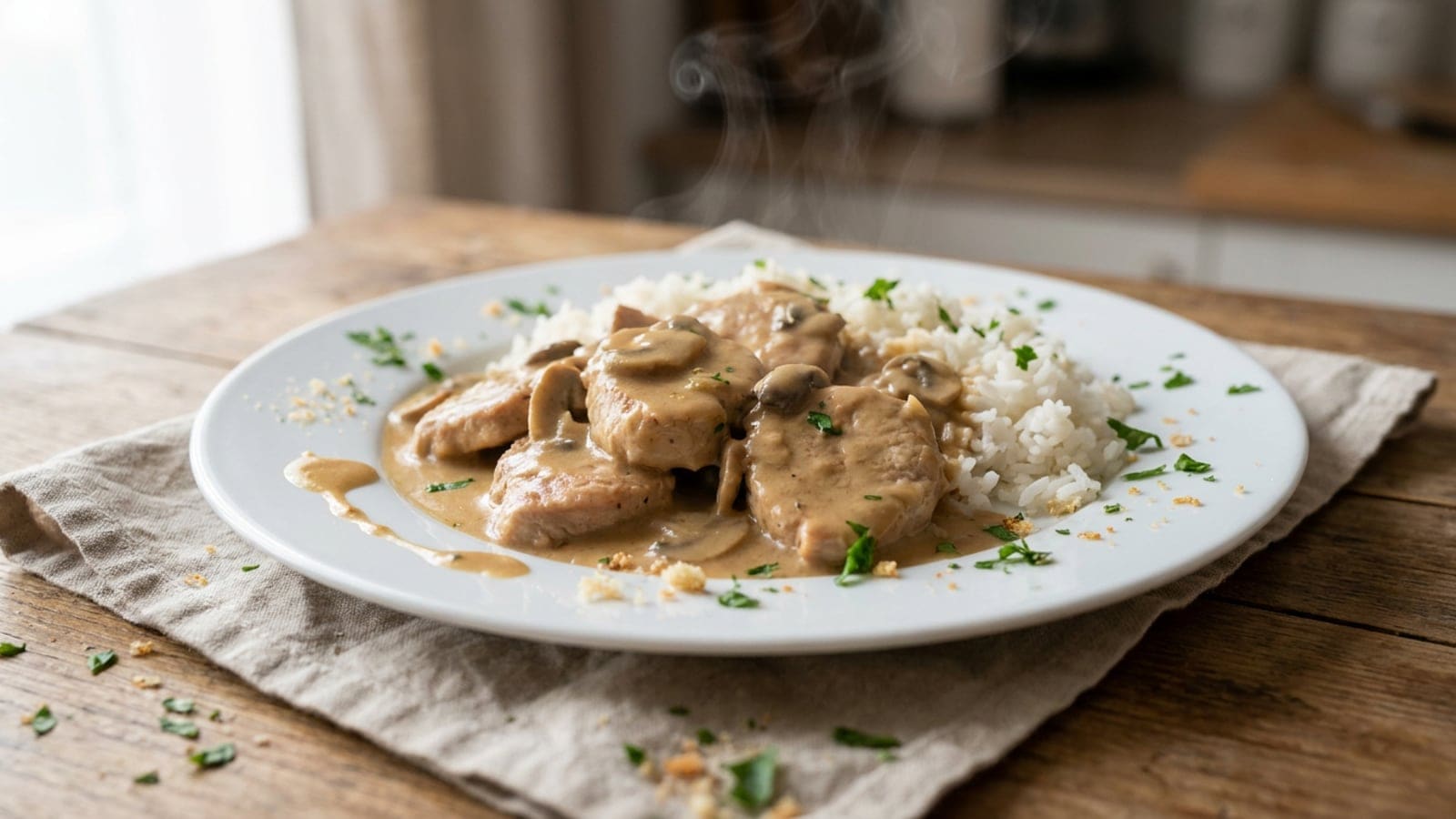 Bifinhos de Peru com Cogumelos e Arroz