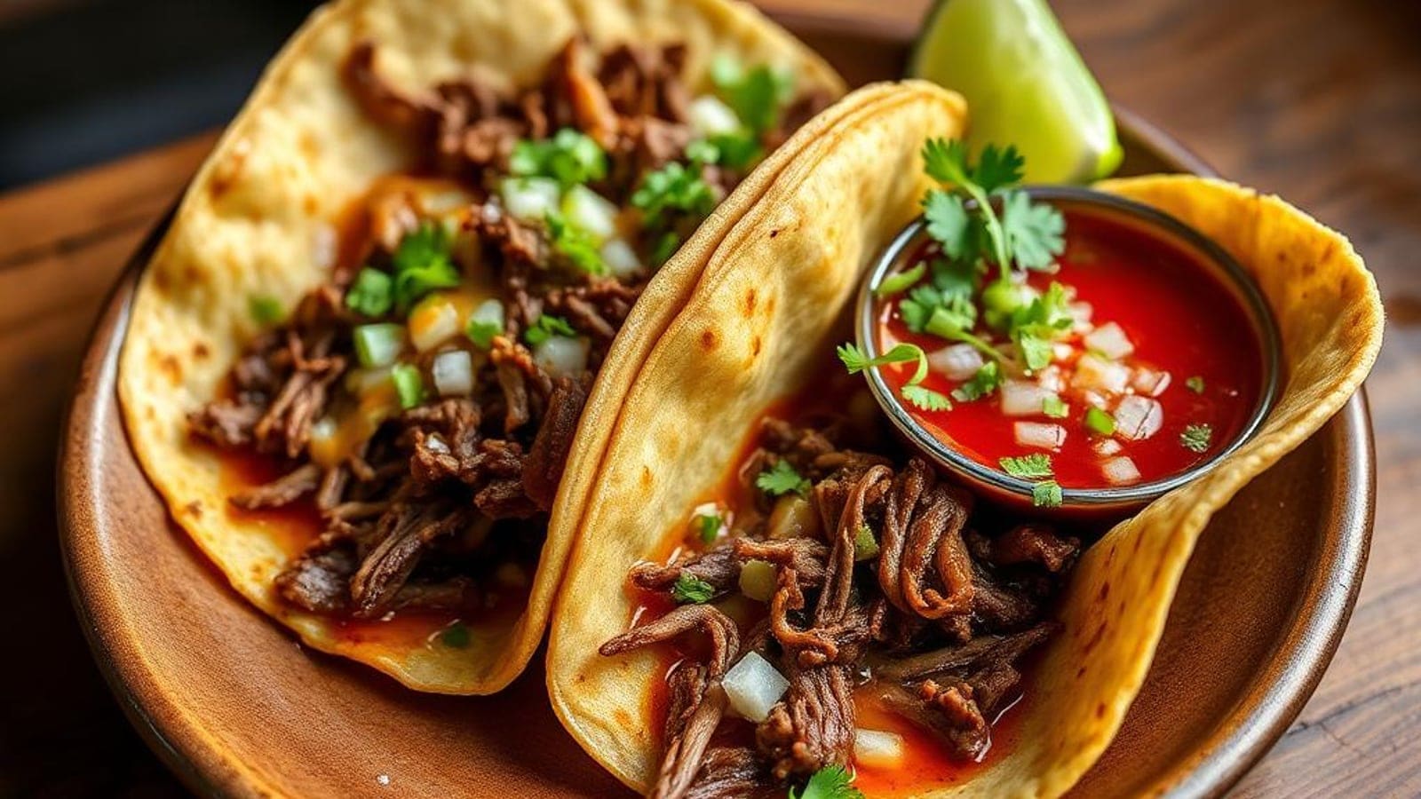 Birria Tacos à Portuguesa: Carne de Vaca Desfiada com Consommé Vermelho e Tortilhas Crocantes (4,85€/4 Pessoas)