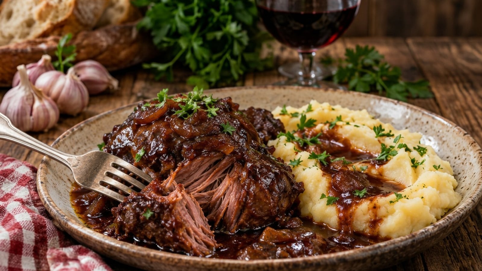 Bochechas de Porco Estufadas em Vinho Tinto com Puré de Batata