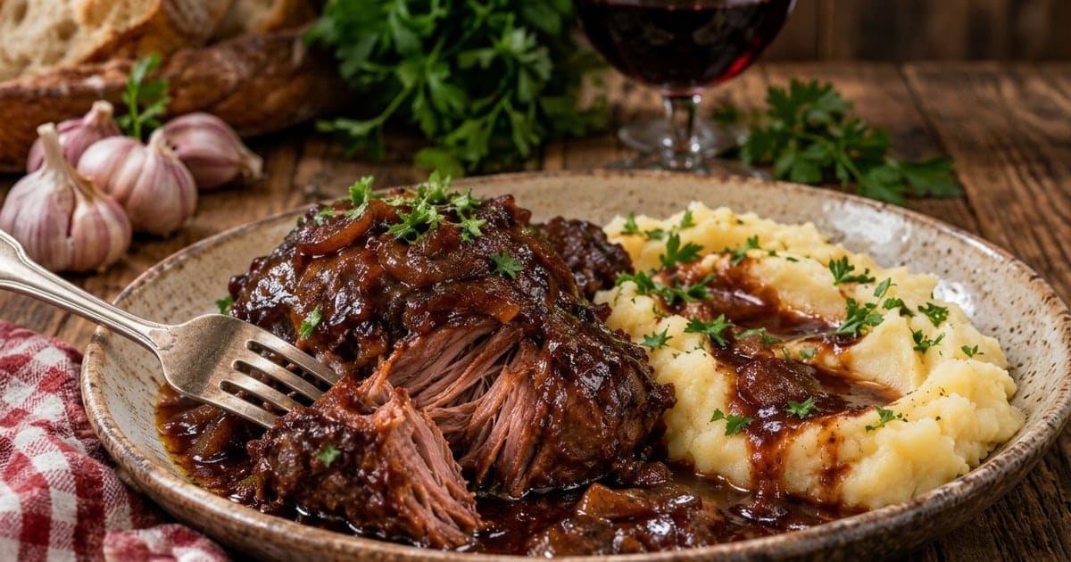 Bochechas de Porco Estufadas em Vinho Tinto com Puré de Batata