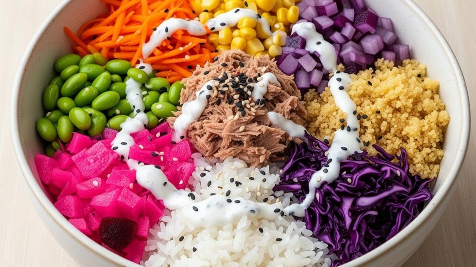Bowl Arco-Íris de Atum com Beterraba, Cenoura, Edamame e Couscous
