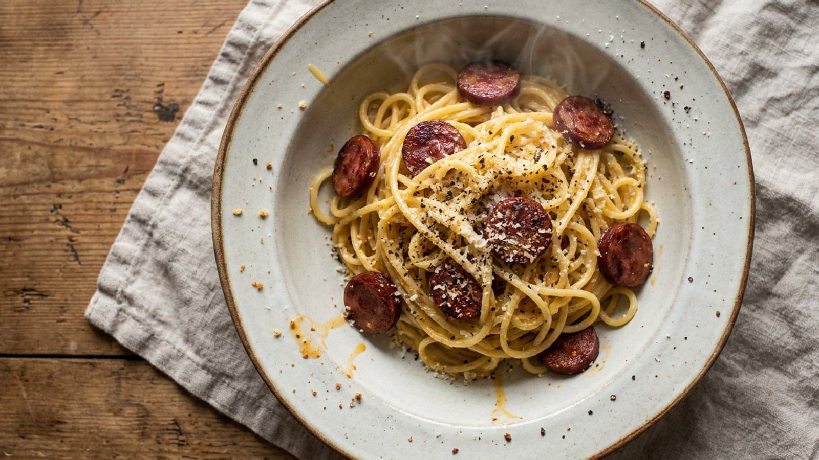 Carbonara Portuguesa com Chouriço de Vinho Tinto e Gema Caipira