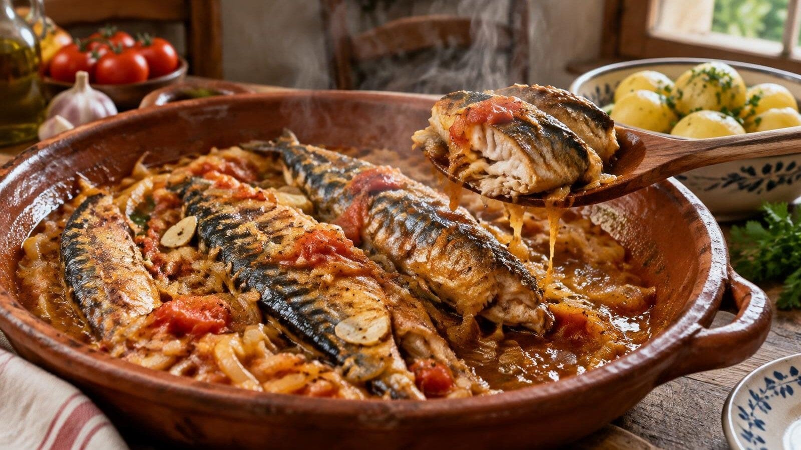 Cavala de Cebolada no Tacho com Batata Cozida