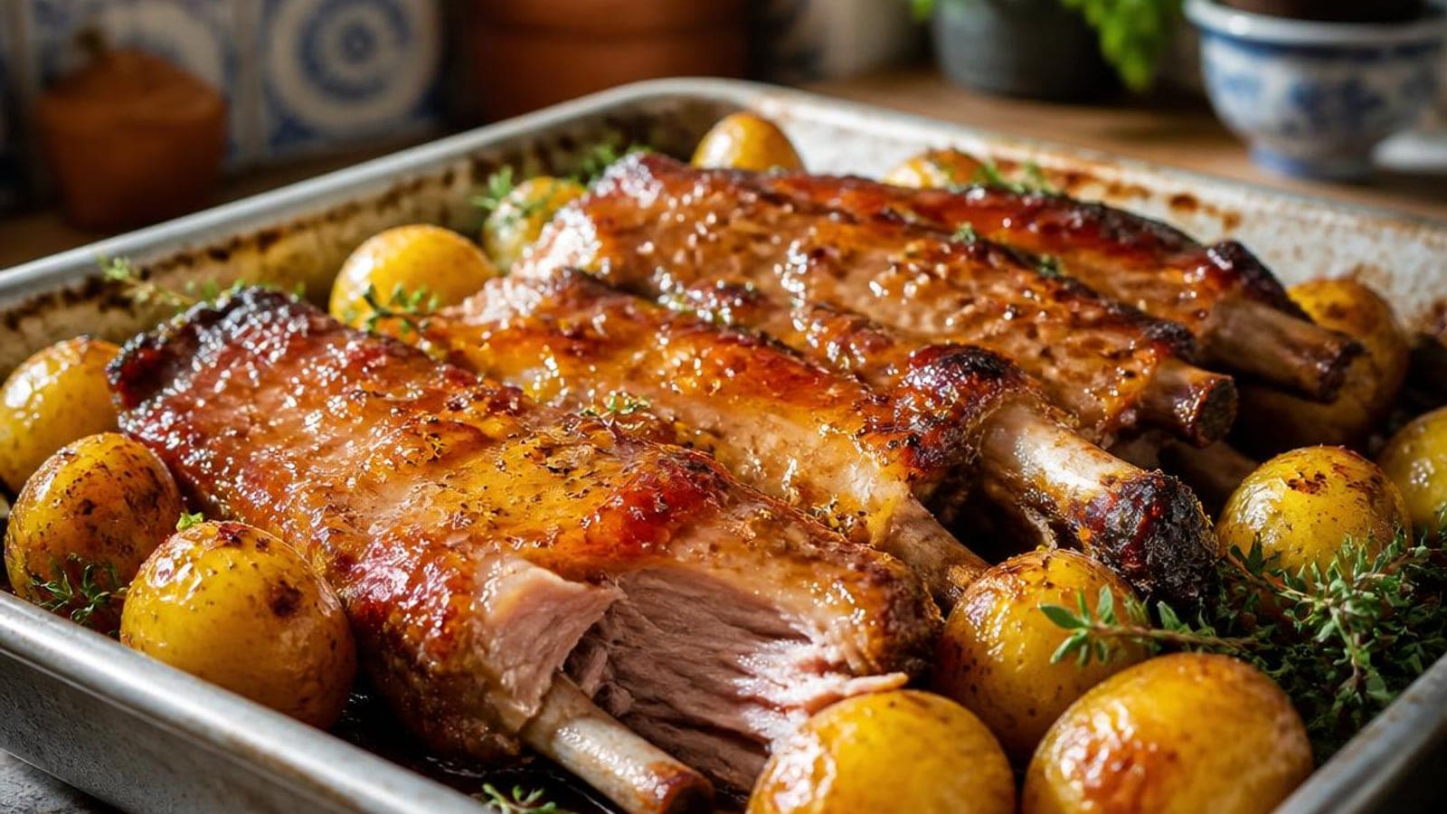 Costelinhas de Porco no Forno com Mel e Mostarda (glacé a brilhar)