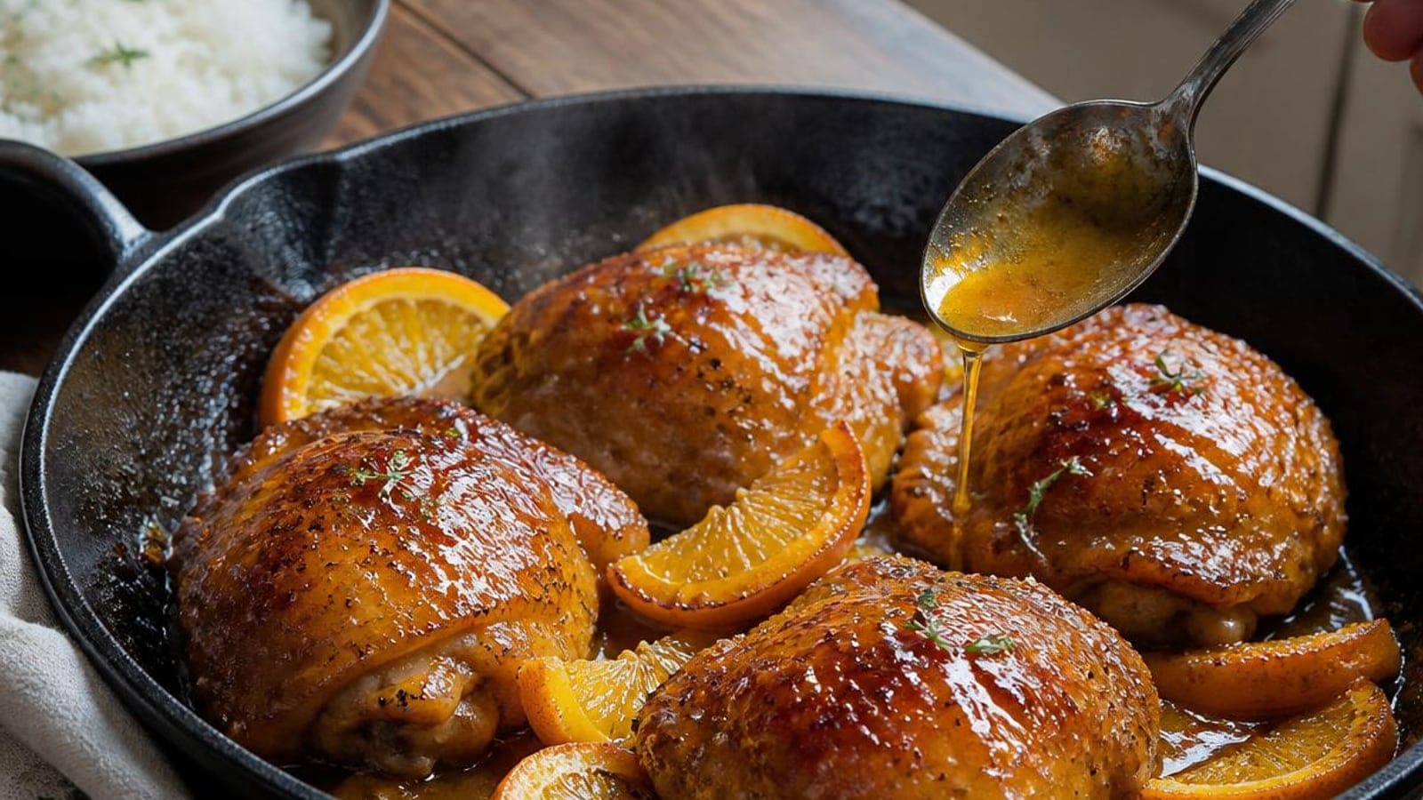 Coxas de Frango Caramelizadas em Molho de Laranja e Mel