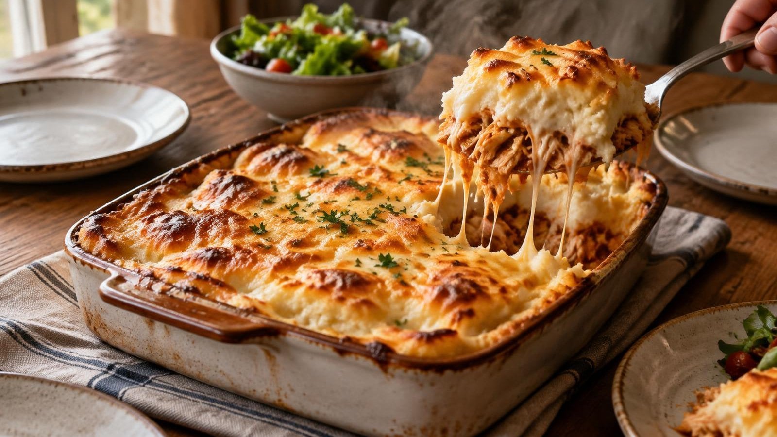 Escondidinho de Frango Desfiado com Puré Gratinado
