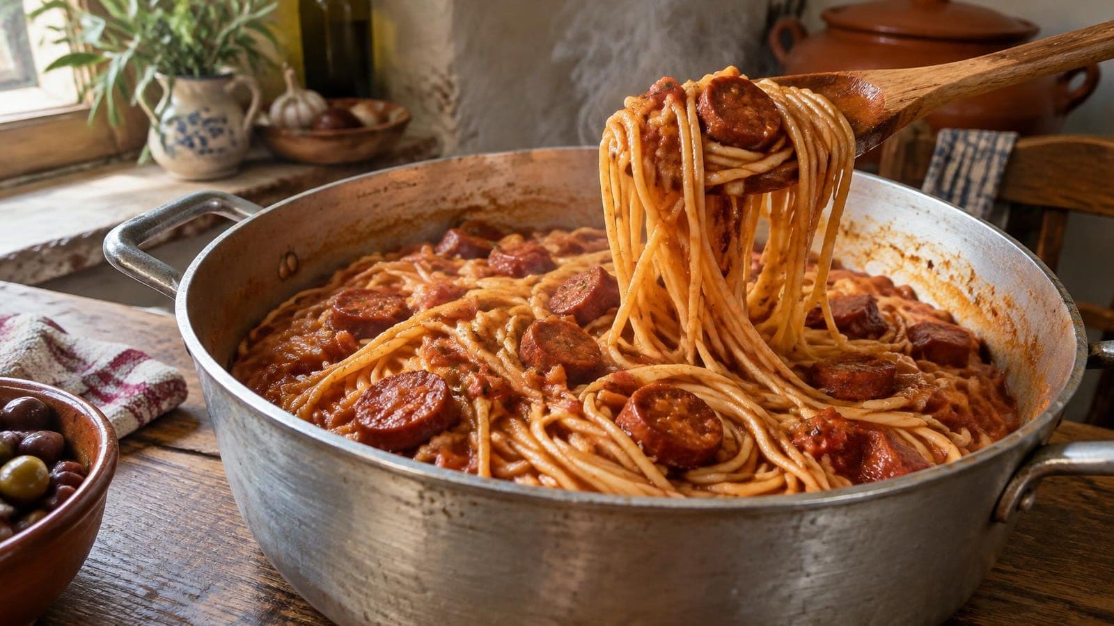 Esparguete no Tacho com Chouriço e Tomate (One-Pot)