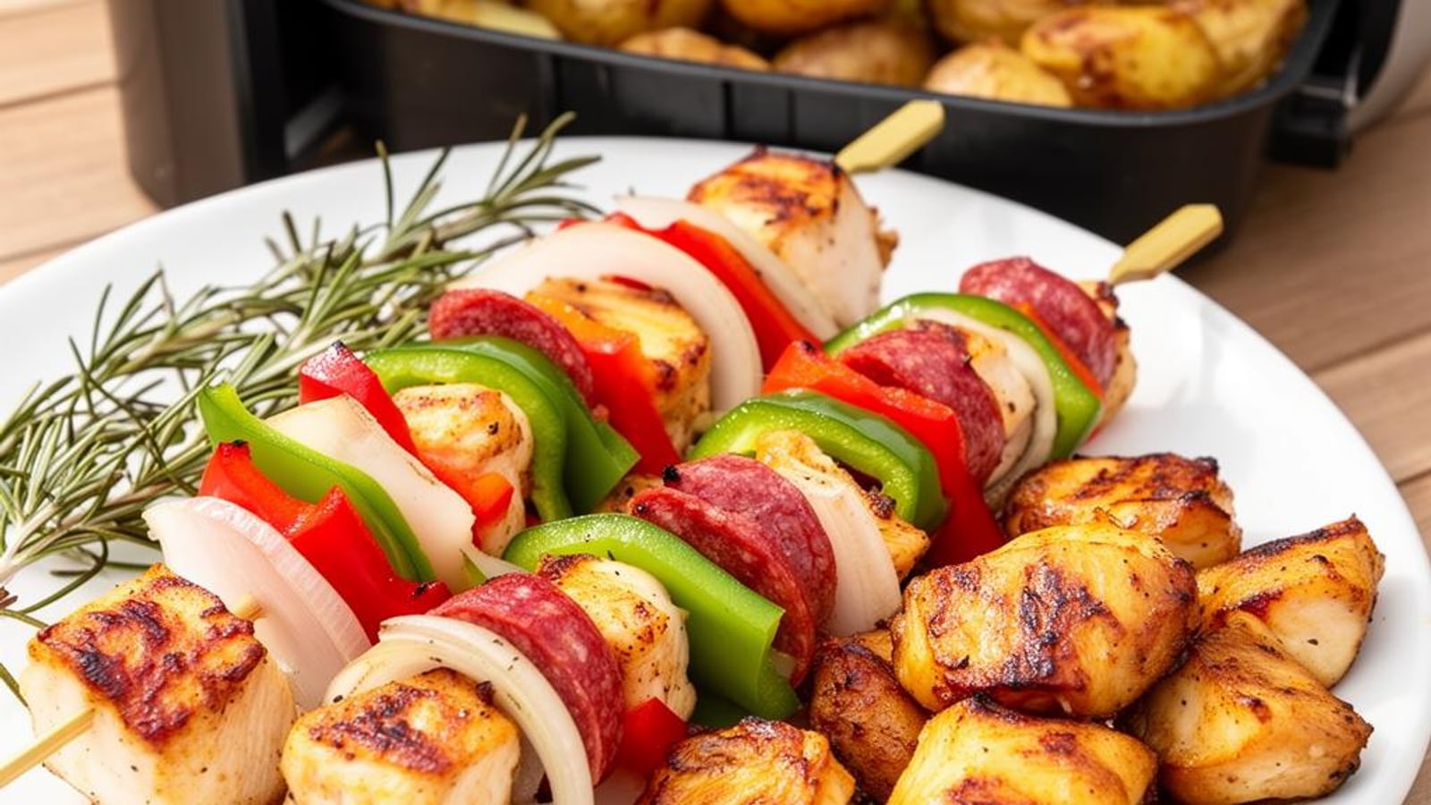 Espetadas Mistas de Frango e Chouriço com Batatas à Paisana na Airfryer