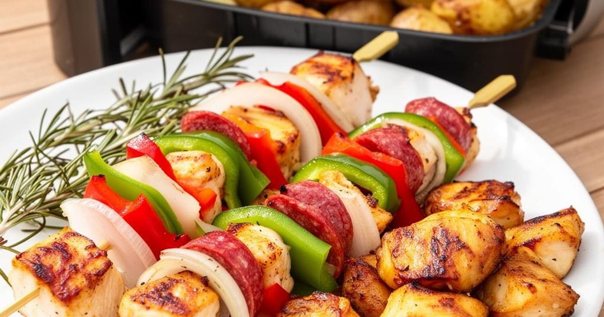 Espetadas Mistas de Frango e Chouriço com Batatas à Paisana na Airfryer