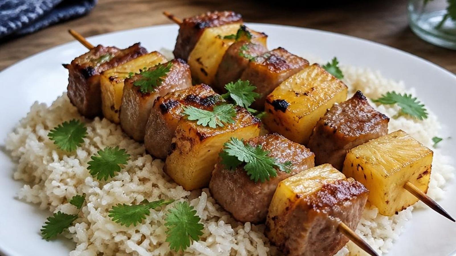 Espetadas de Porco com Ananás Caramelizado e Arroz de Coco