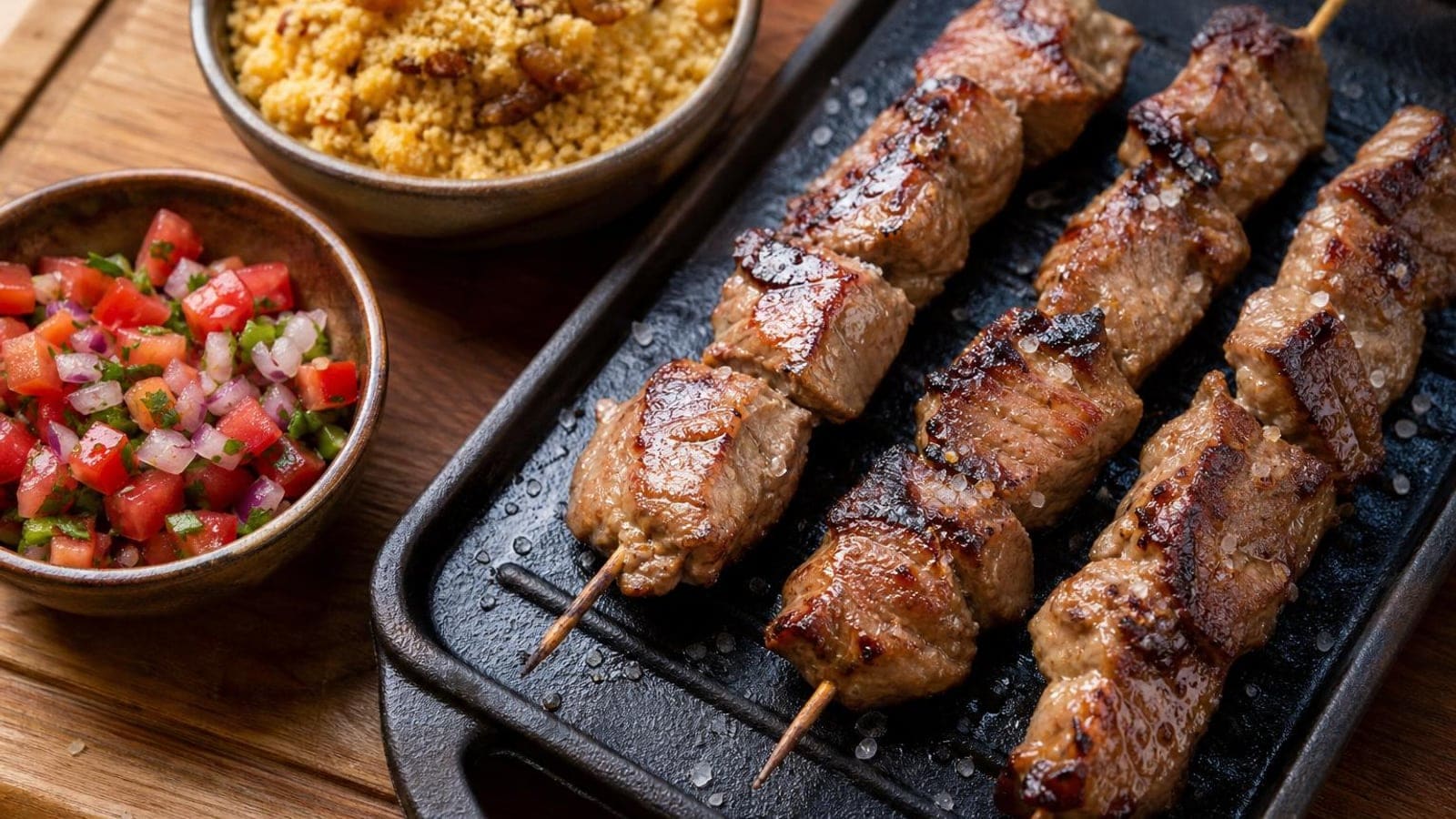 Espetinhos de Picanha Suína com Farofa de Cebola e Vinagrete Brasileiro