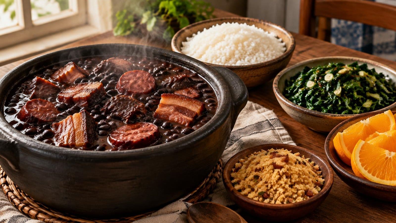 Feijoada à Brasileira Completa com Feijão Preto, Couve, Arroz e Laranja