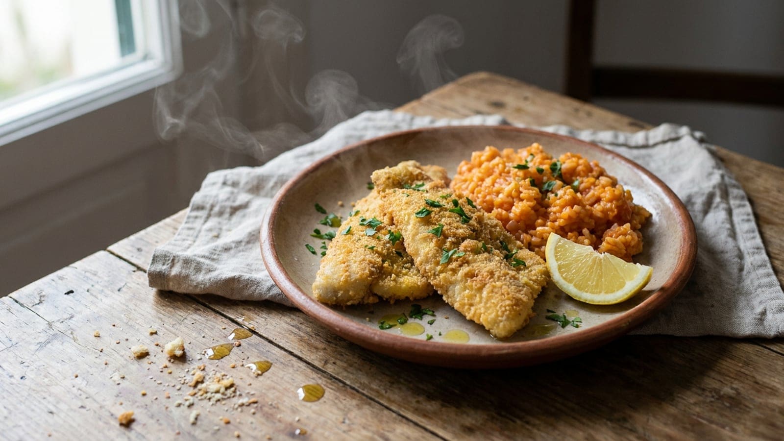 Filetes de Pescada Panados com Arroz de Tomate