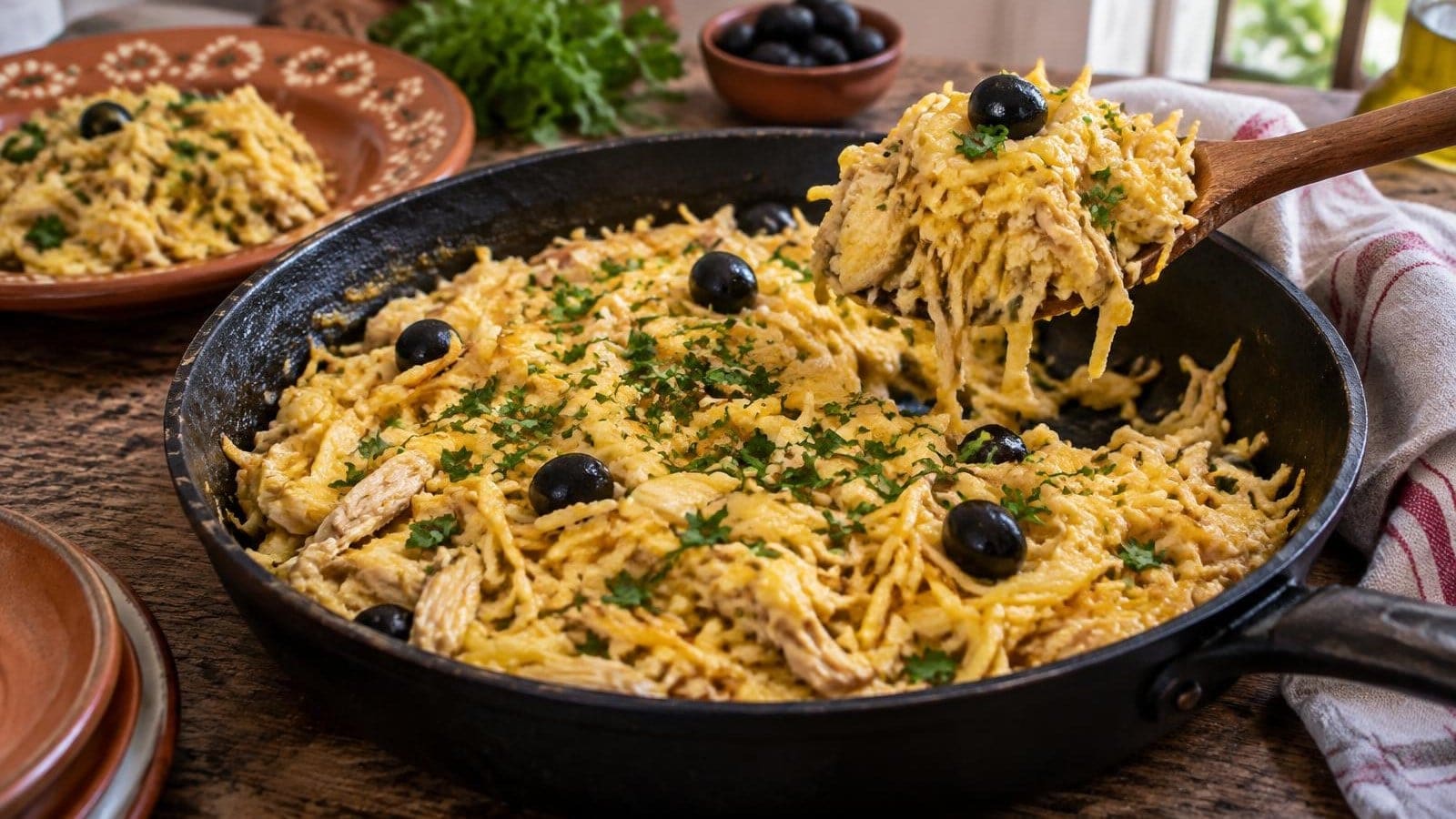 Frango à Brás Cremoso com Batata Palha e Azeitonas