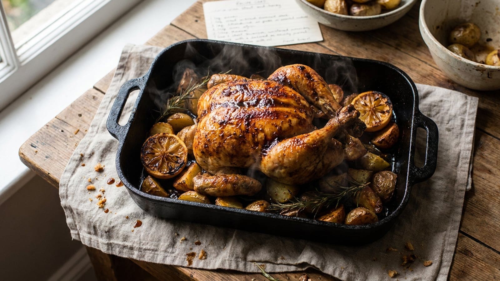 Frango Assado em Cama de Batatas com Marinada Secreta de Cerveja Preta e Mel