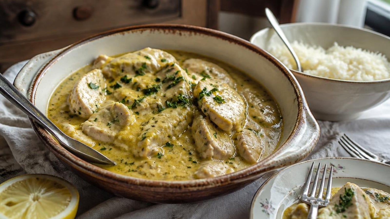 Frango de Fricassé à Portuguesa com Arroz Branco