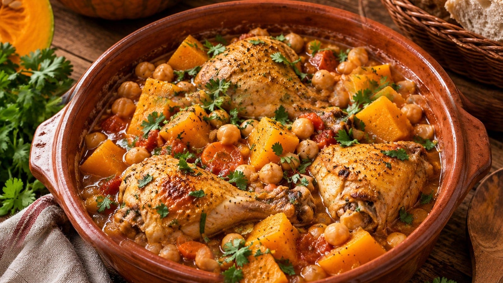 Frango Guisado com Abóbora e Grão no Tacho
