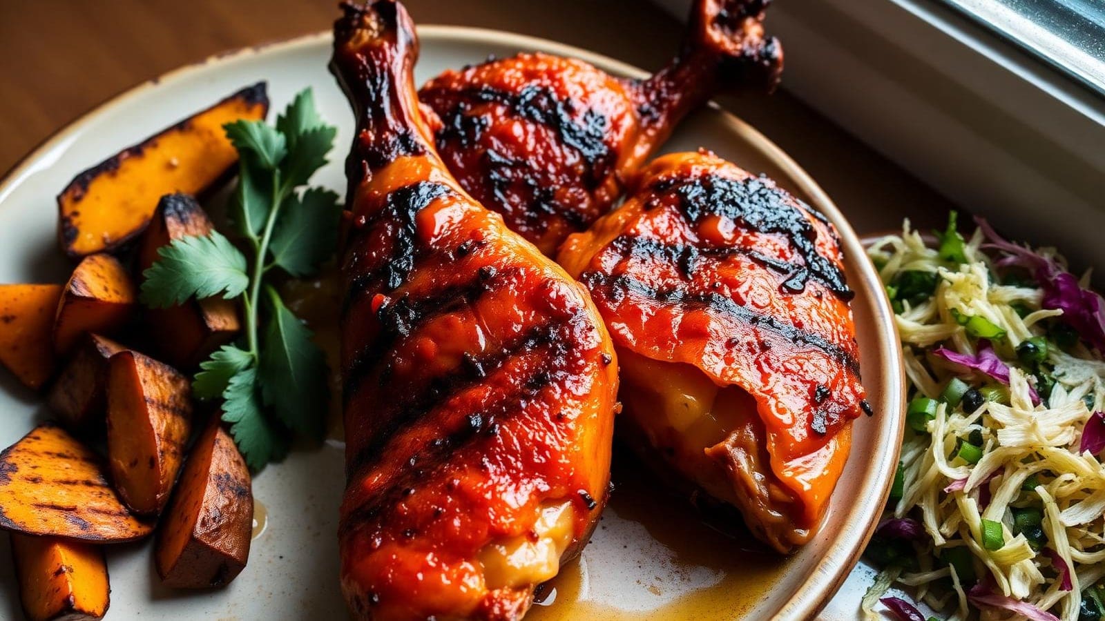 Frango Piri-Piri Caseiro Grelhado com Batata-Doce e Salada de Couve-Coração
