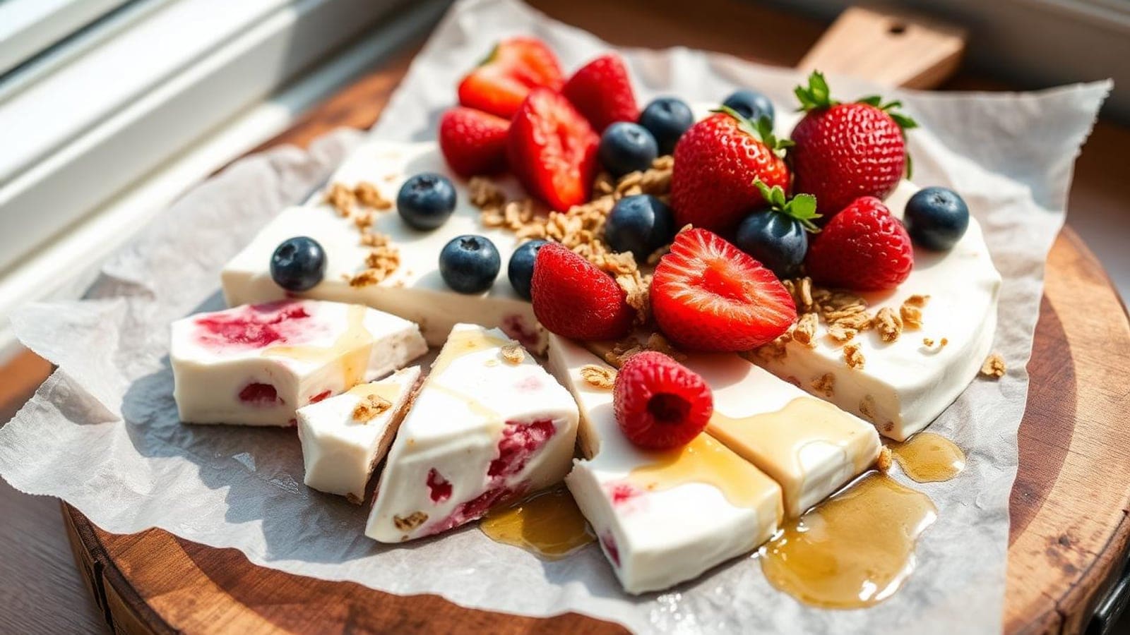 Frozen Yogurt Bark de Frutos Vermelhos com Granola