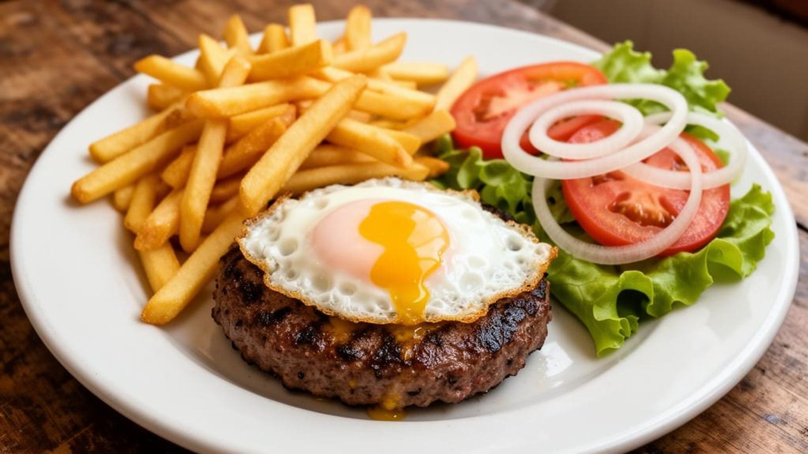 Hambúrguer no Prato com Batata Frita, Salada e Ovo Estrelado