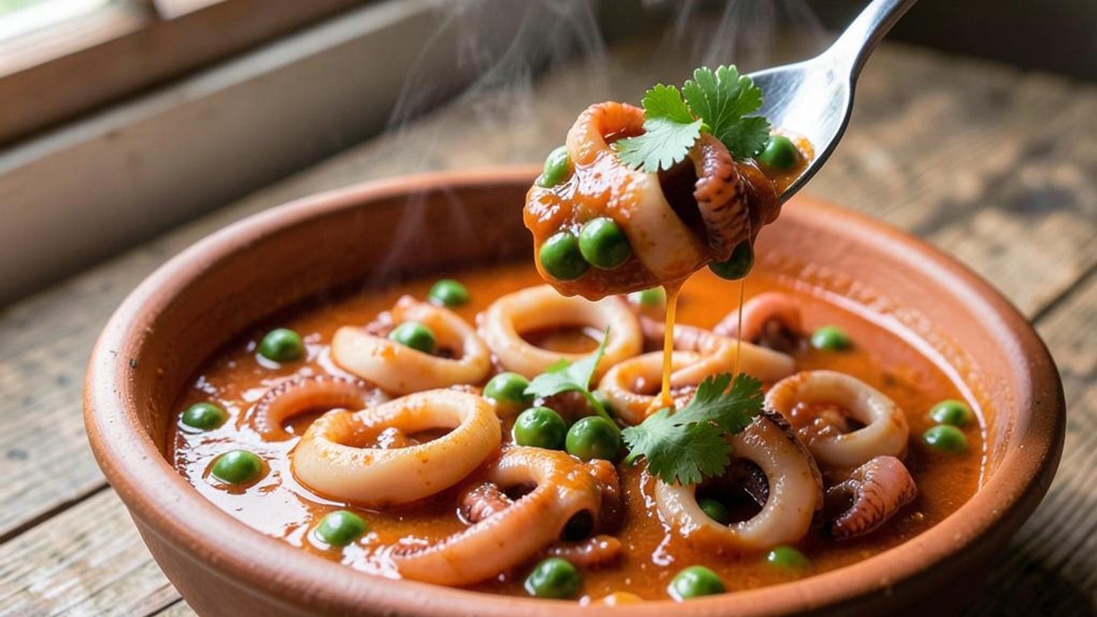 Lulas Guisadas em Molho de Tomate com Ervilhas