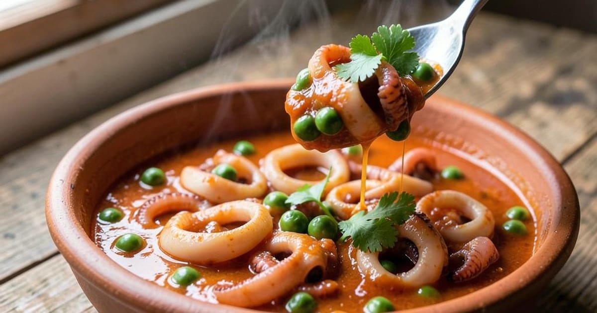 Lulas Guisadas em Molho de Tomate com Ervilhas