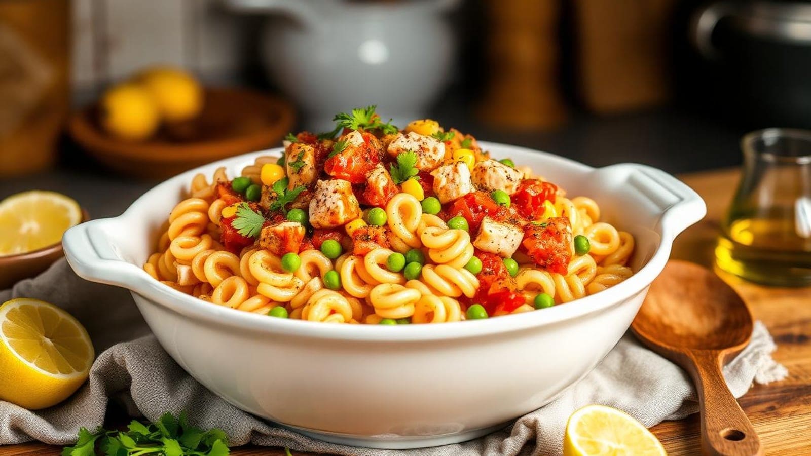 Massa Cremosa de Atum com Tomate, Milho e Ervilhas