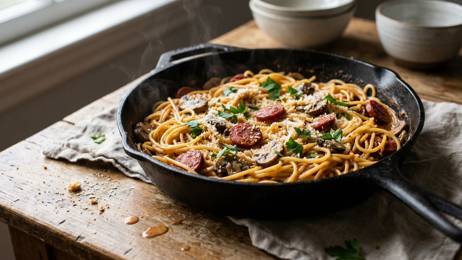 Massa Cremosa de Cogumelos com Chouriço (One-Pan, 15 Minutos)