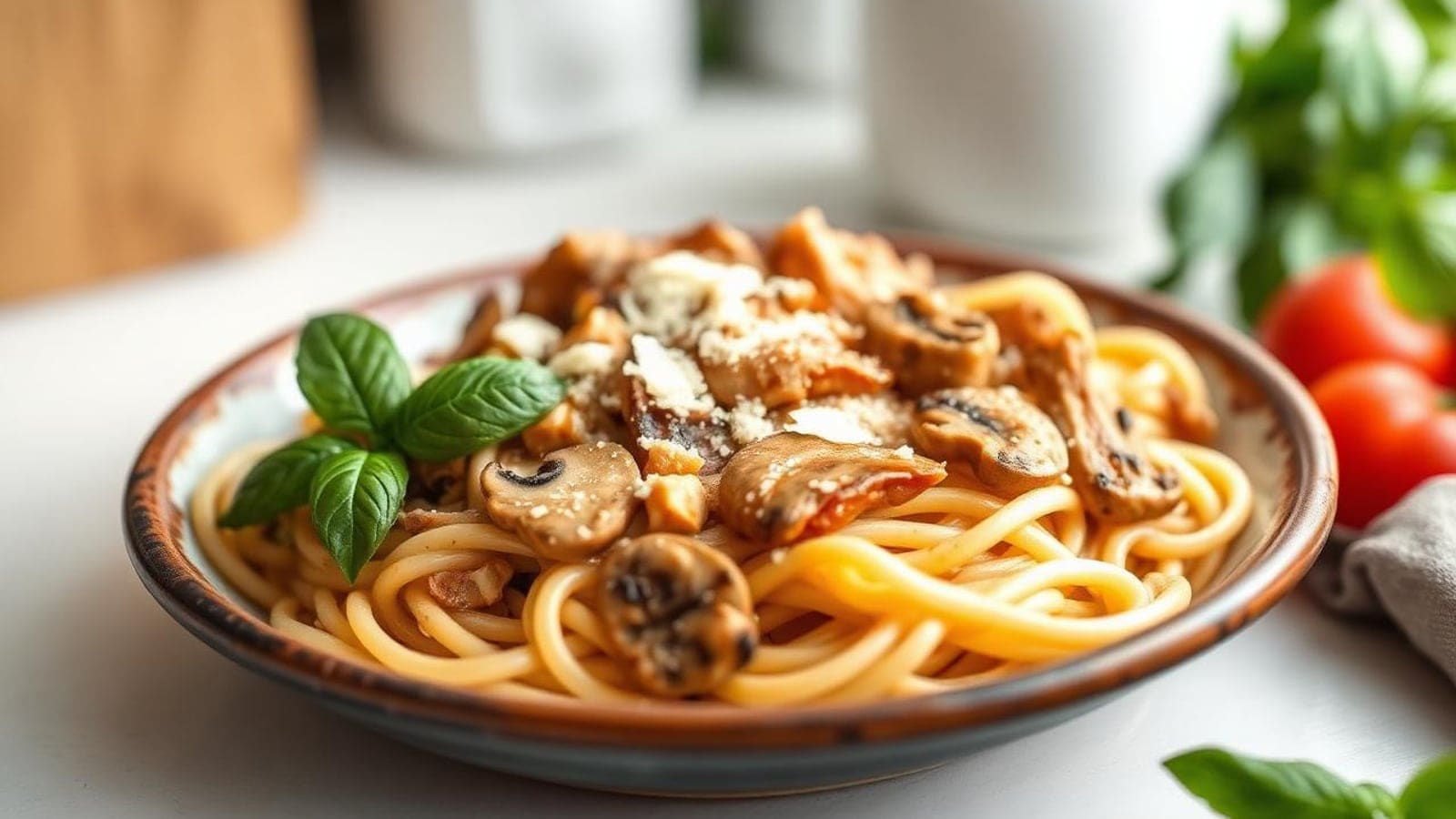 Massa Cremosa de Frango com Tomate Seco e Cogumelos