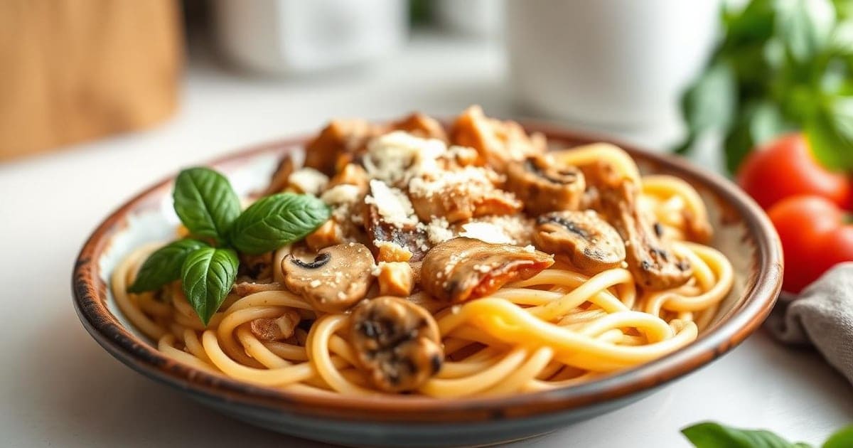 Massa Cremosa de Frango com Tomate Seco e Cogumelos