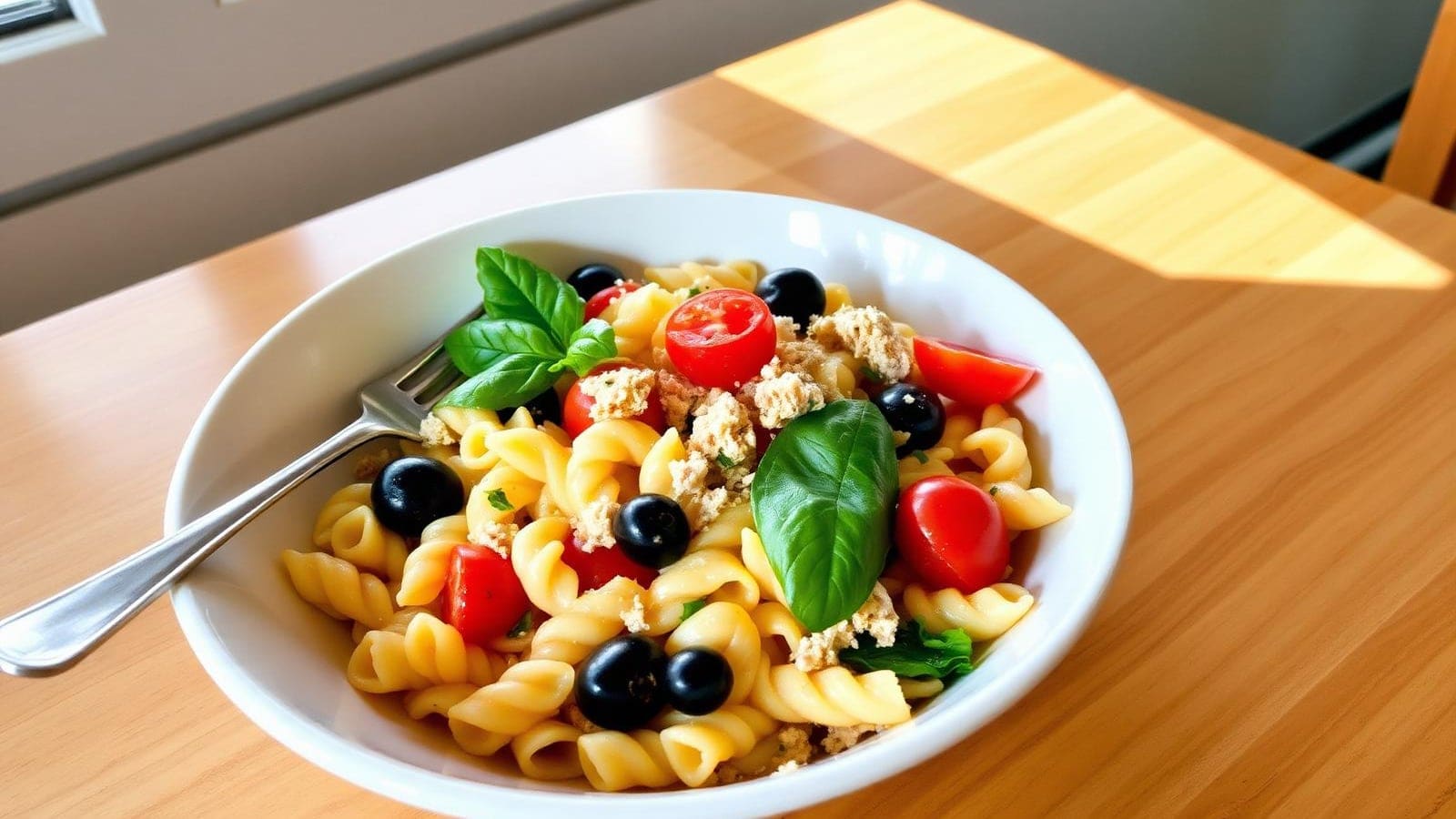 Massa Fria Mediterrânica com Atum, Tomate-Cereja, Mozzarella e Azeitonas