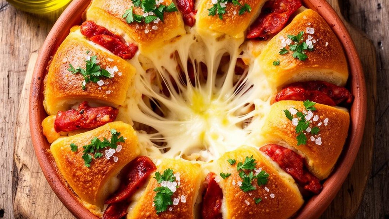 Pão de Alho Pull-Apart Recheado de Queijo Mozzarella e Chouriço