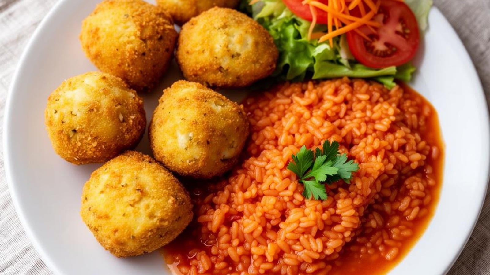 Bolinhos de Bacalhau na Airfryer com Arroz de Tomate e Salada: Refeição Completa Portuguesa (4,81€/4 Pessoas)