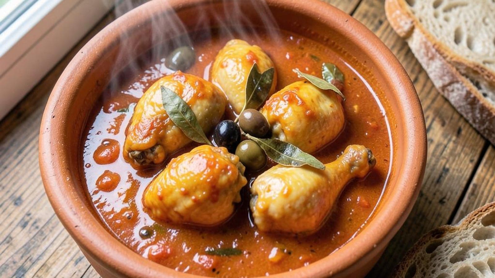 Perninhas de Frango em Molho de Tomate, Vinho Branco e Azeitonas
