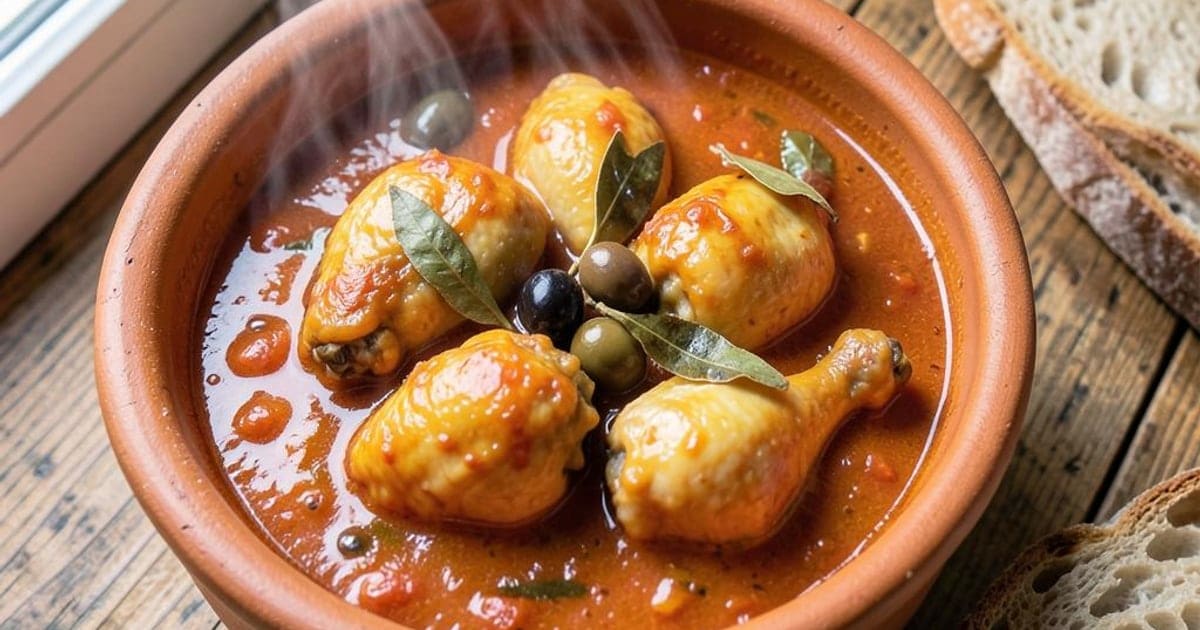 Perninhas de Frango em Molho de Tomate, Vinho Branco e Azeitonas