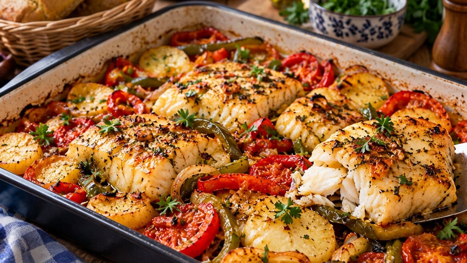 Pescada no Forno com Batata, Pimentos e Tomate num Só Tabuleiro