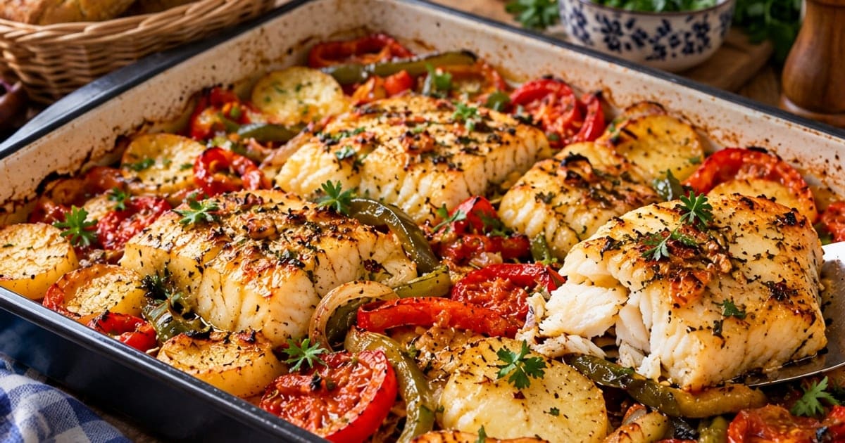 Pescada no Forno com Batata, Pimentos e Tomate num Só Tabuleiro