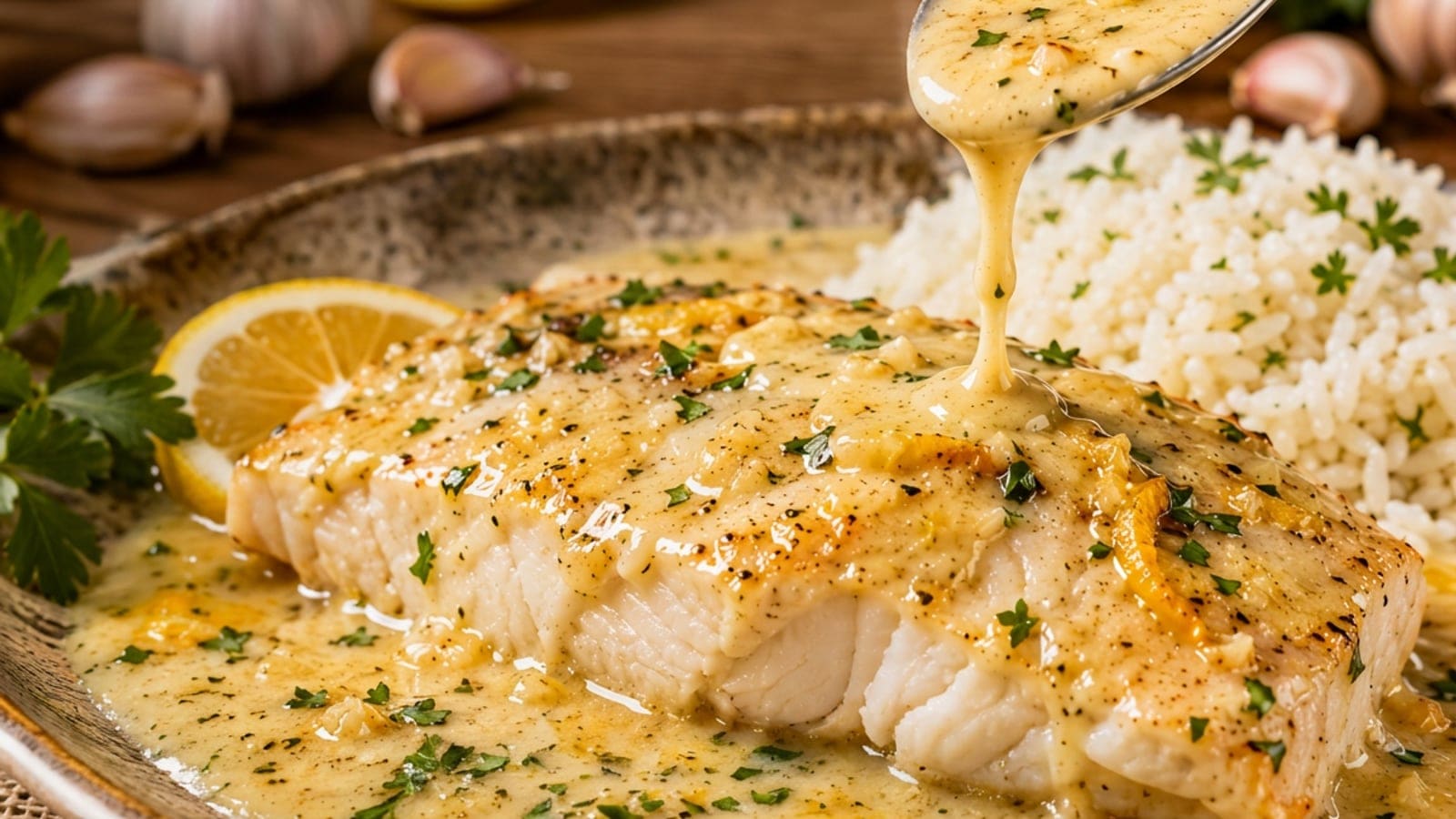 Lombos de Pescada em Molho Cremoso de Alho e Limão
