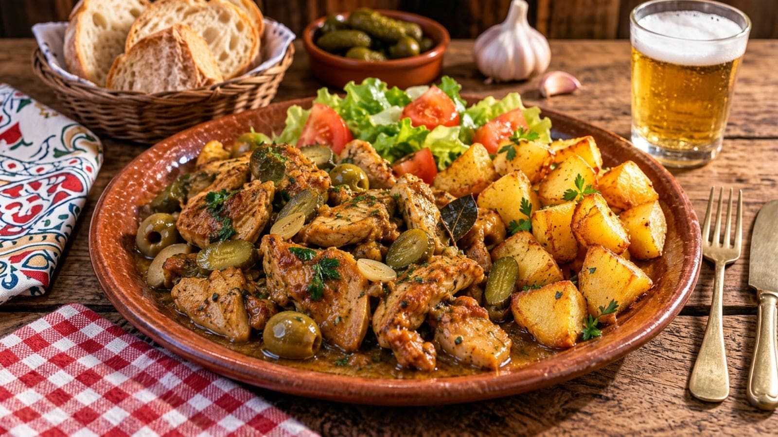 Pica-Pau de Frango com Batatas Salteadas e Salada