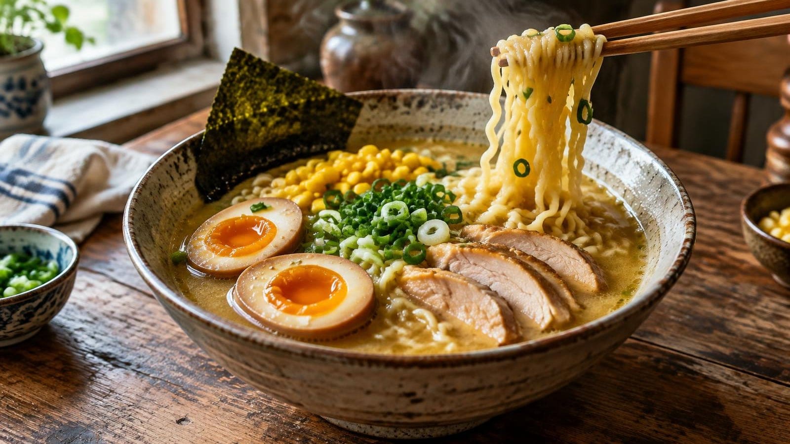 Ramen Caseiro de Frango com Ovo Marinado e Milho Doce