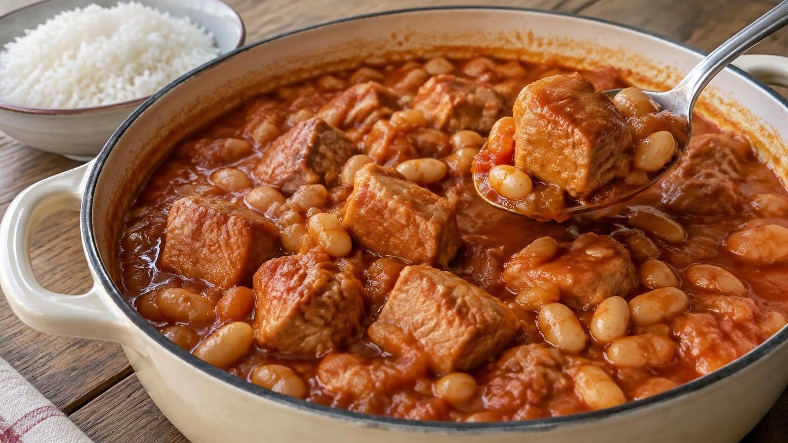 Rojões Estufados com Feijão Branco e Arroz